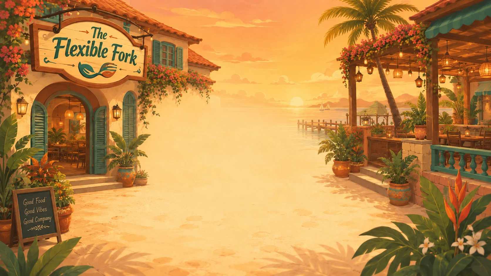 The Flexible Fork key art: a sunlit Caribbean restaurant on the beach at golden hour, with the hand-painted Flexible Fork sign over the entrance